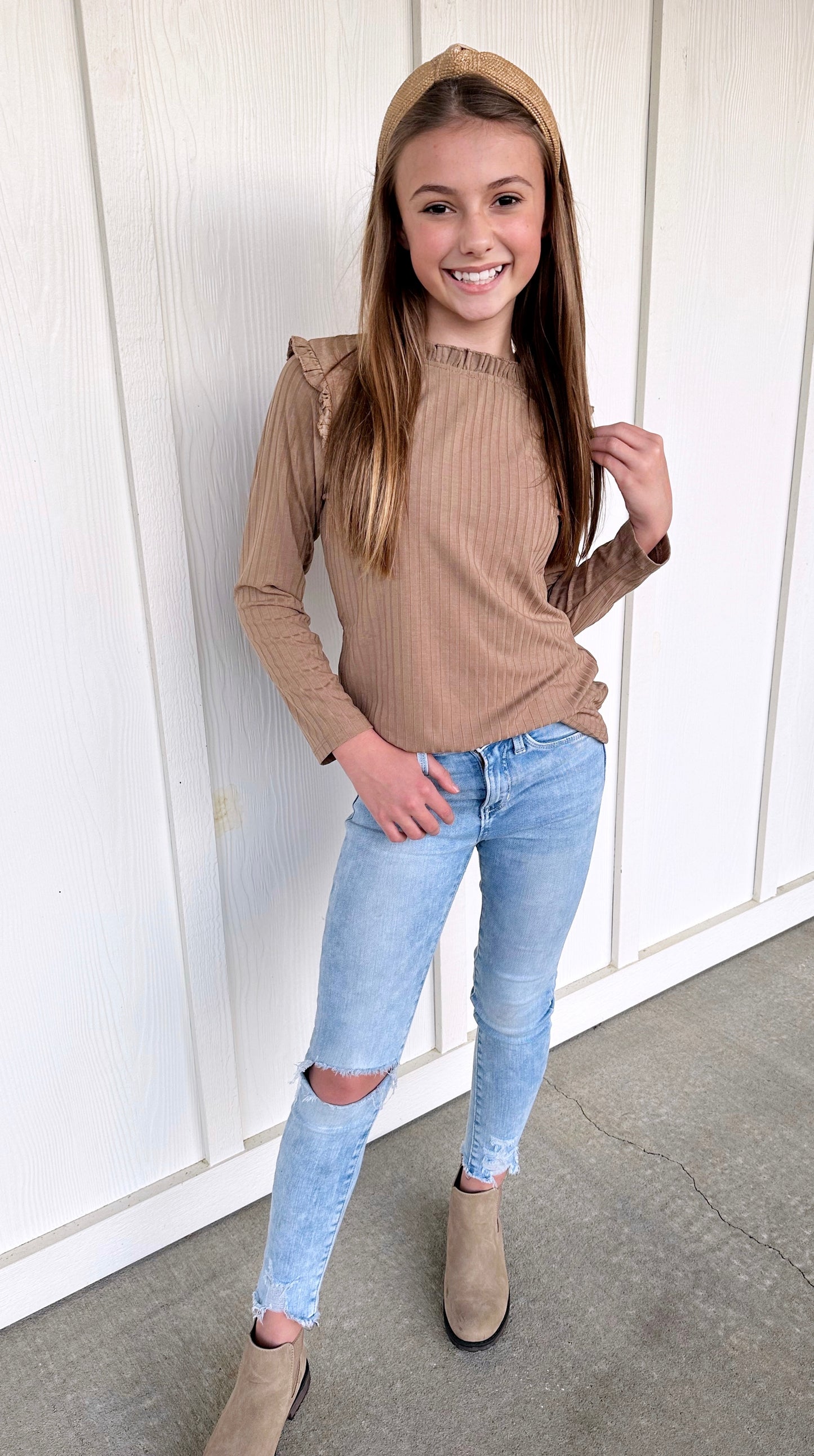 Ribbed Ruffle Mock Neck Top