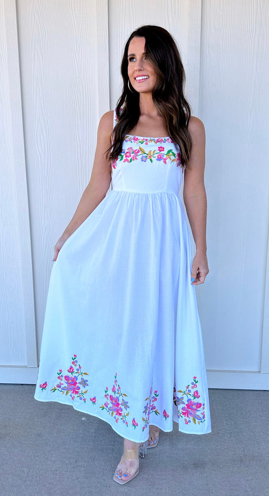 White Embroidered Midi Dress