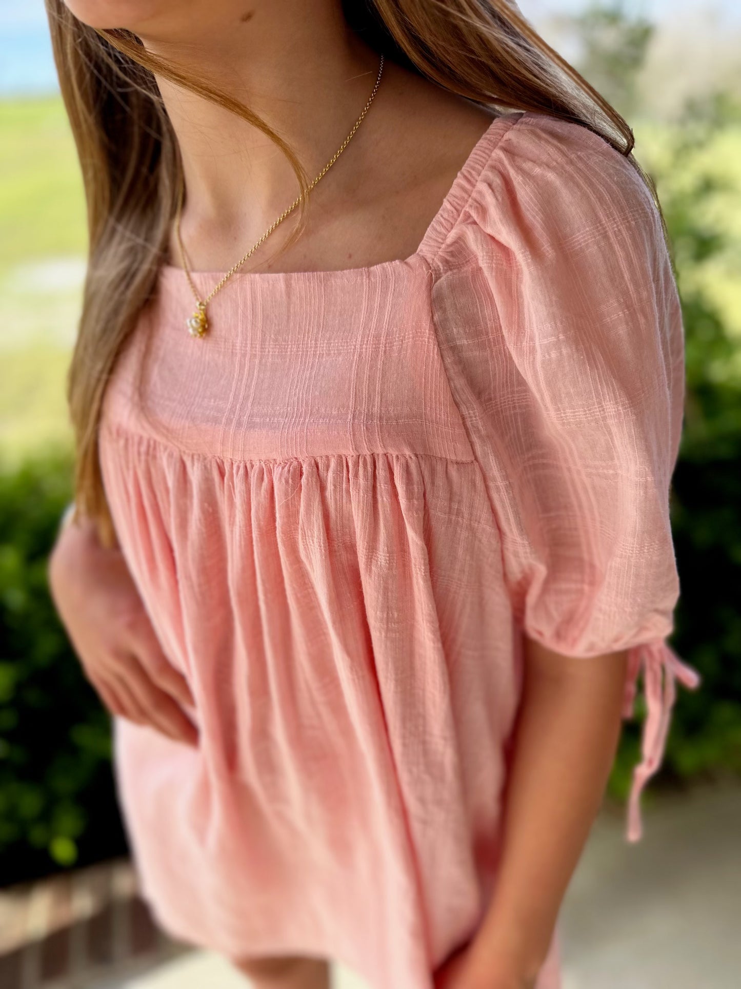 Solid Pink Textured Tie Sleeve Dress