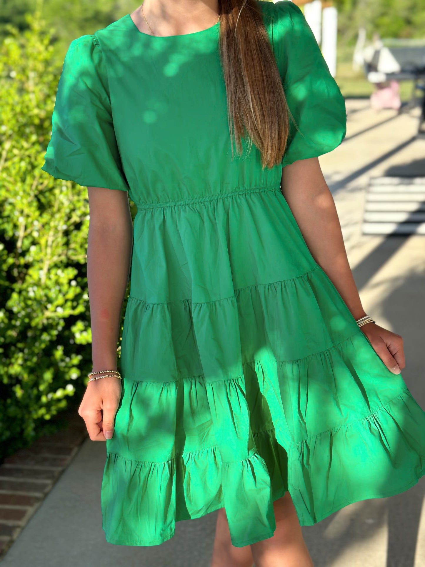 Green Bow Back Puff Sleeve Poplin Dress