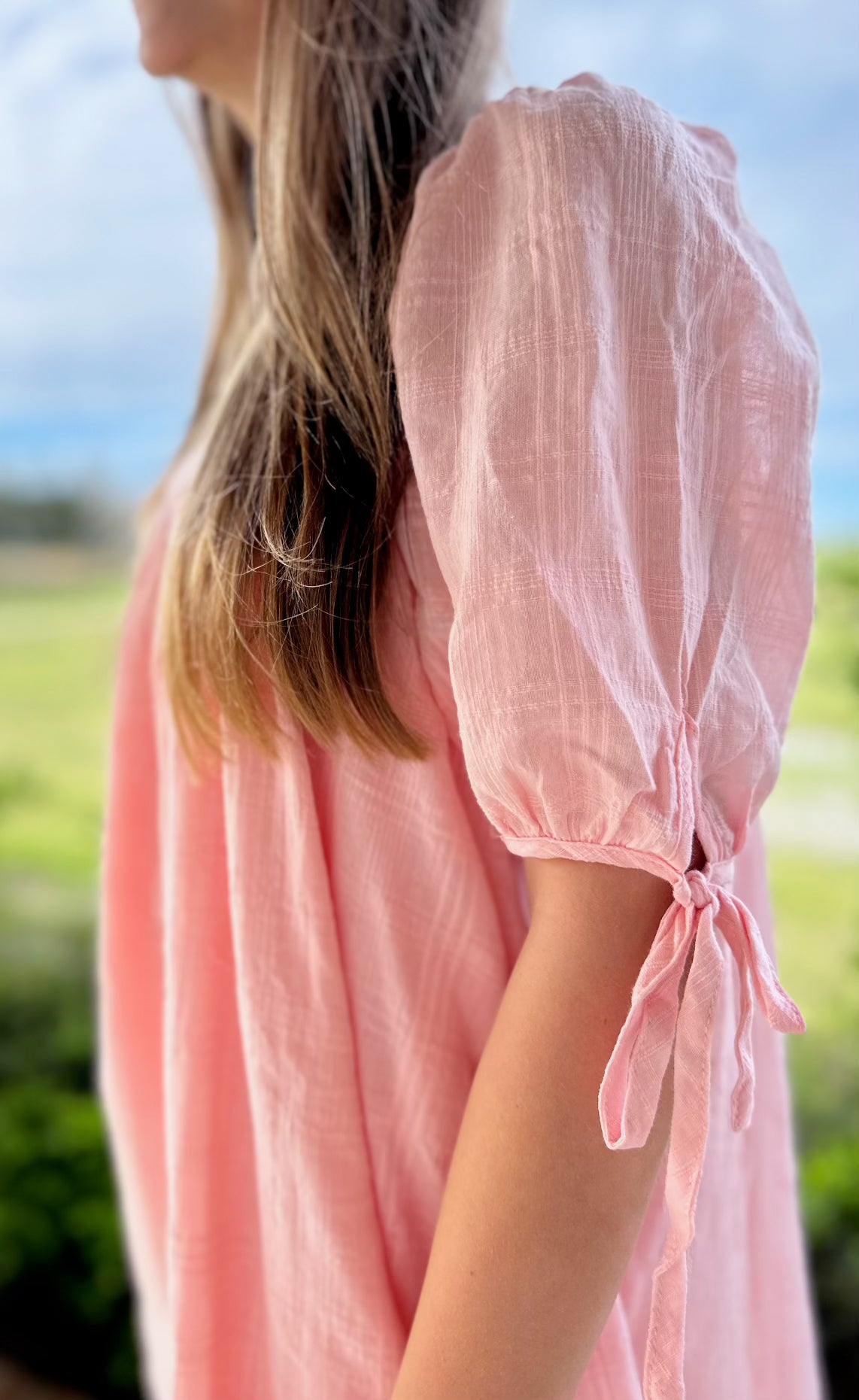 Solid Pink Textured Tie Sleeve Dress