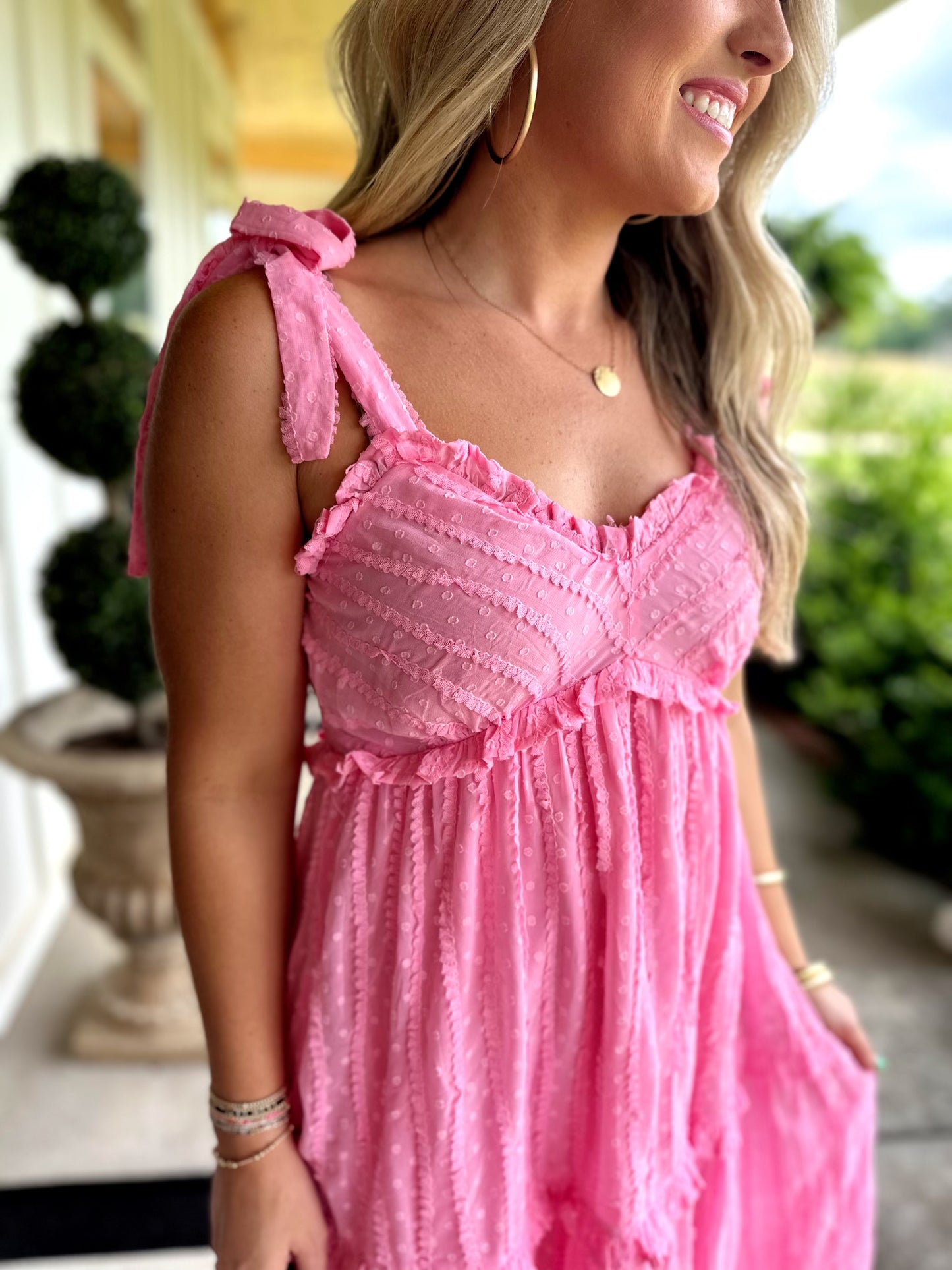 Pink Textured Tie Shoulder Midi