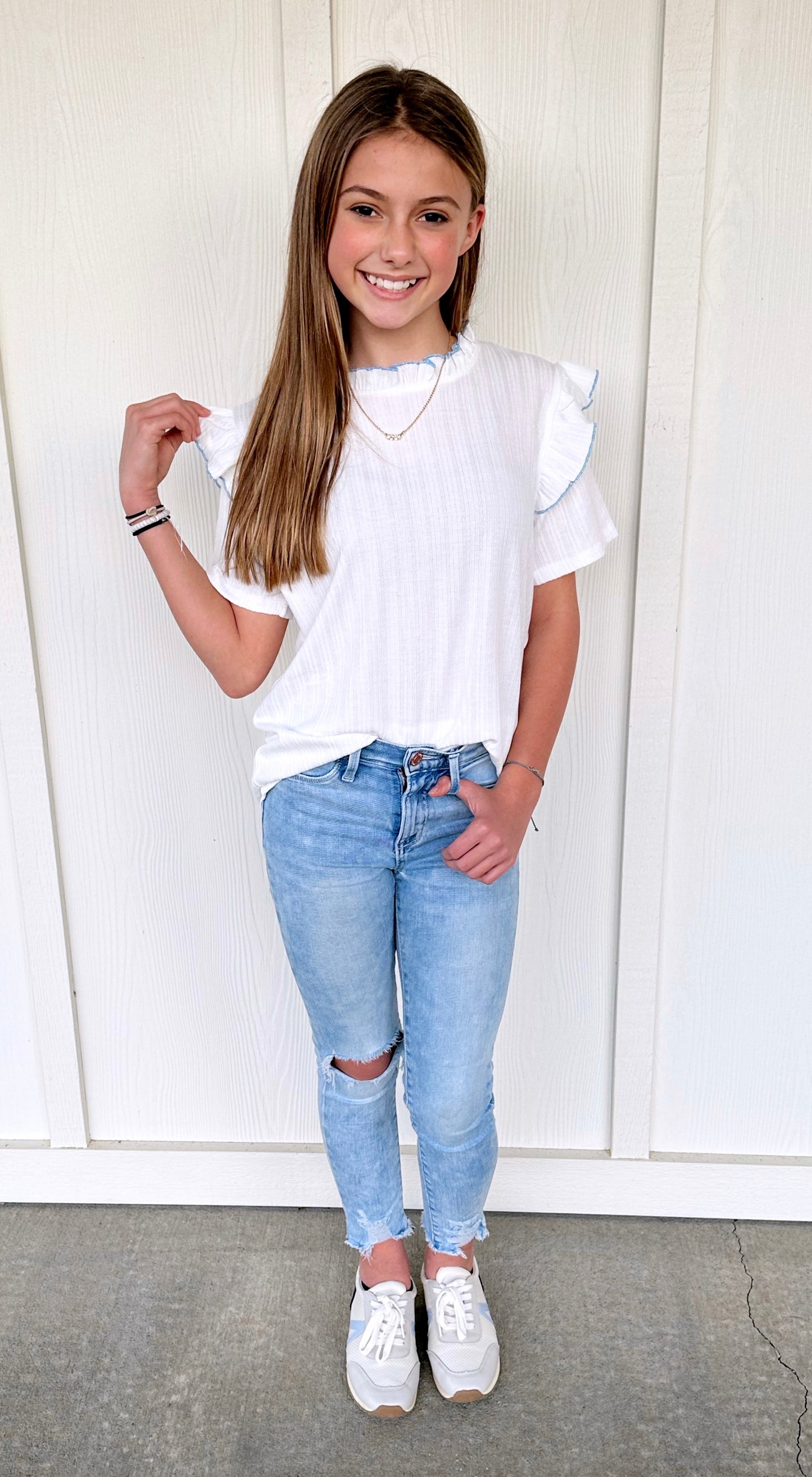 White/Blue Contrast Tipped Ruffled Ribbed Knit Top