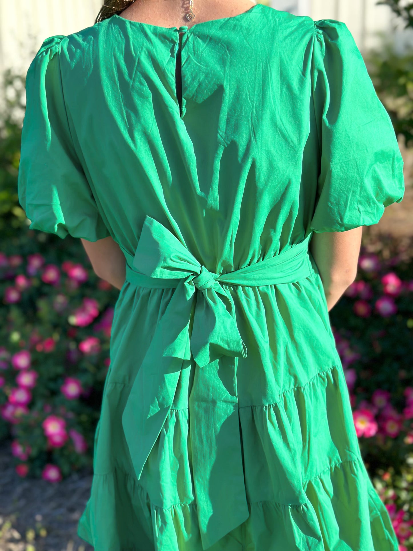 Green Bow Back Puff Sleeve Poplin Dress