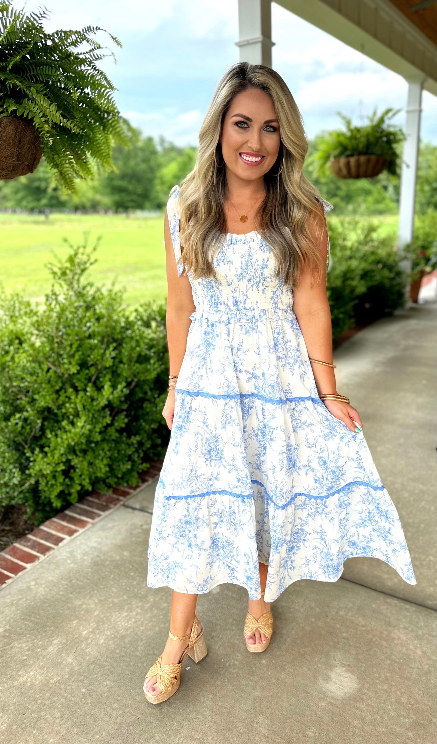 Pink/ Blue Floral Smocked Midi