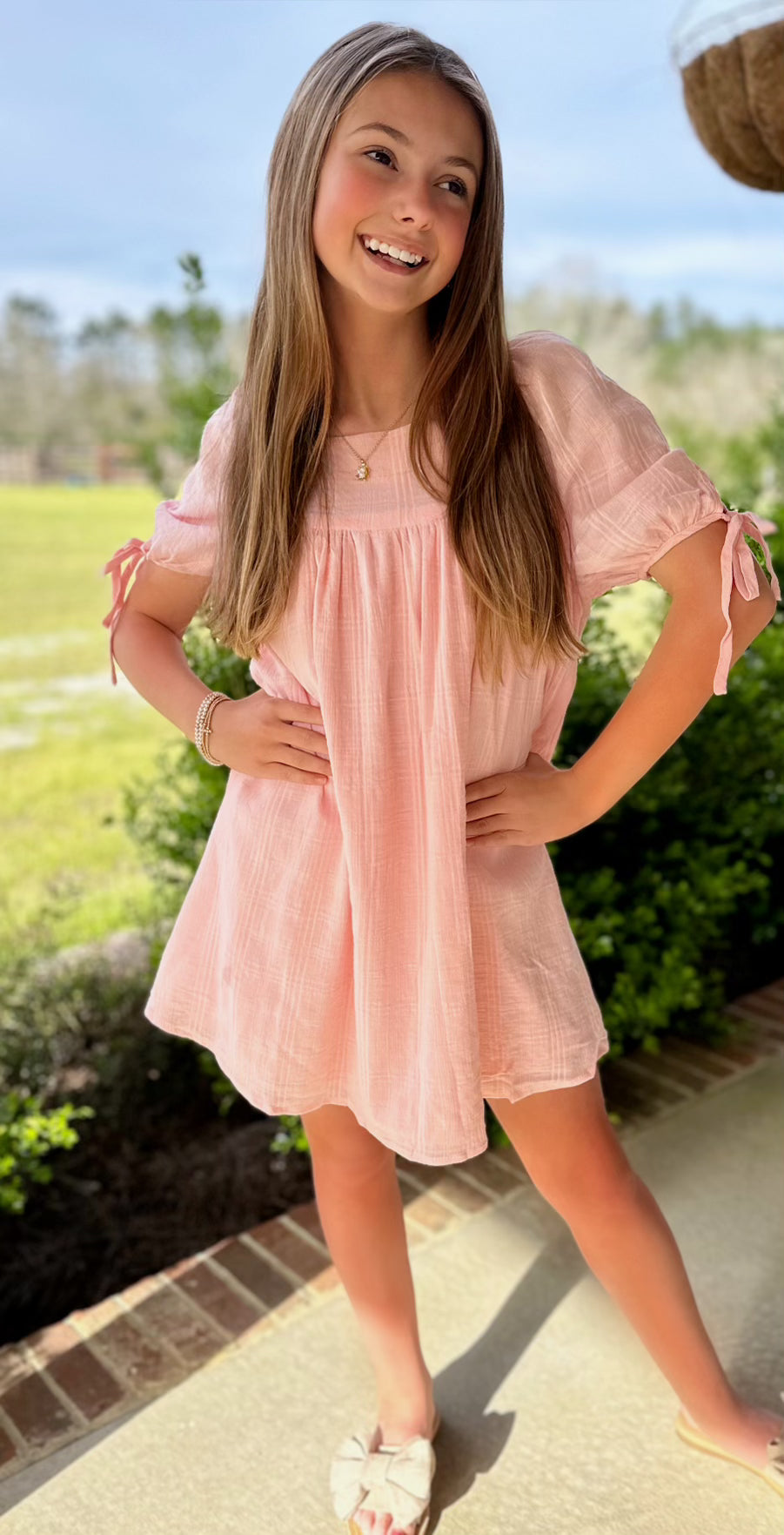 Solid Pink Textured Tie Sleeve Dress