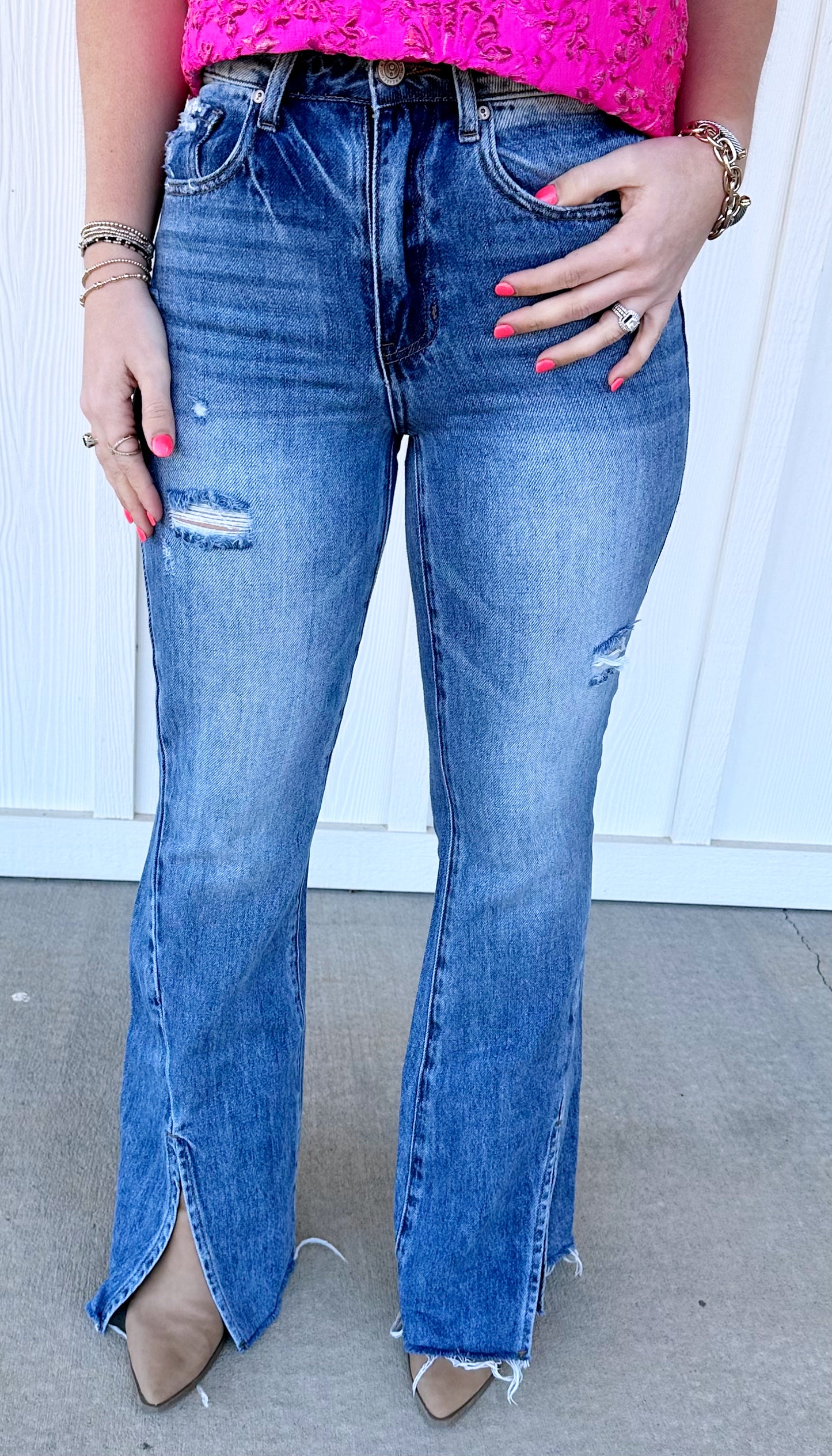 High Rise Slit Flare Denim