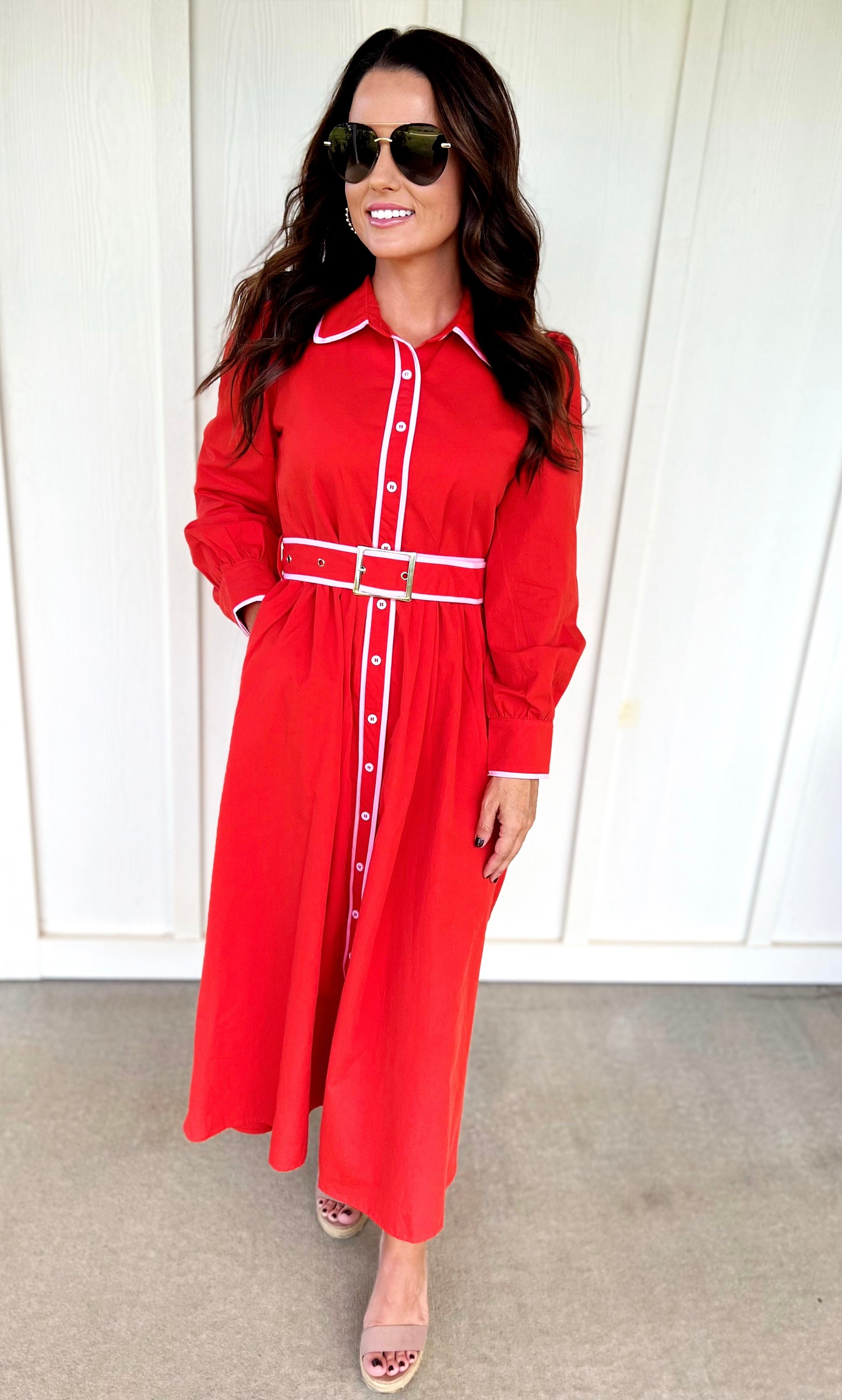 Red Trim Belted Dress