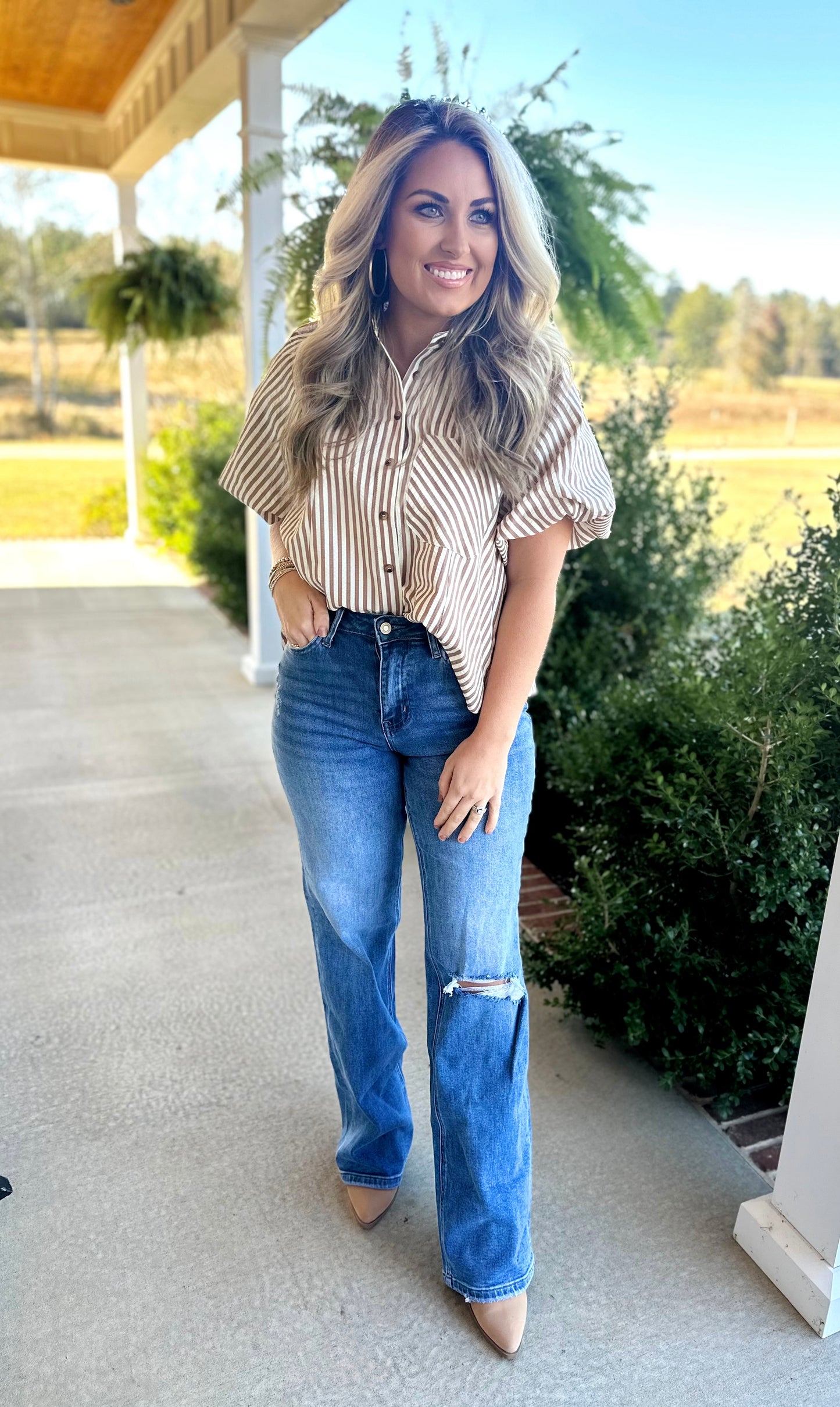 Pecan Stripe Bubble Sleeve Top