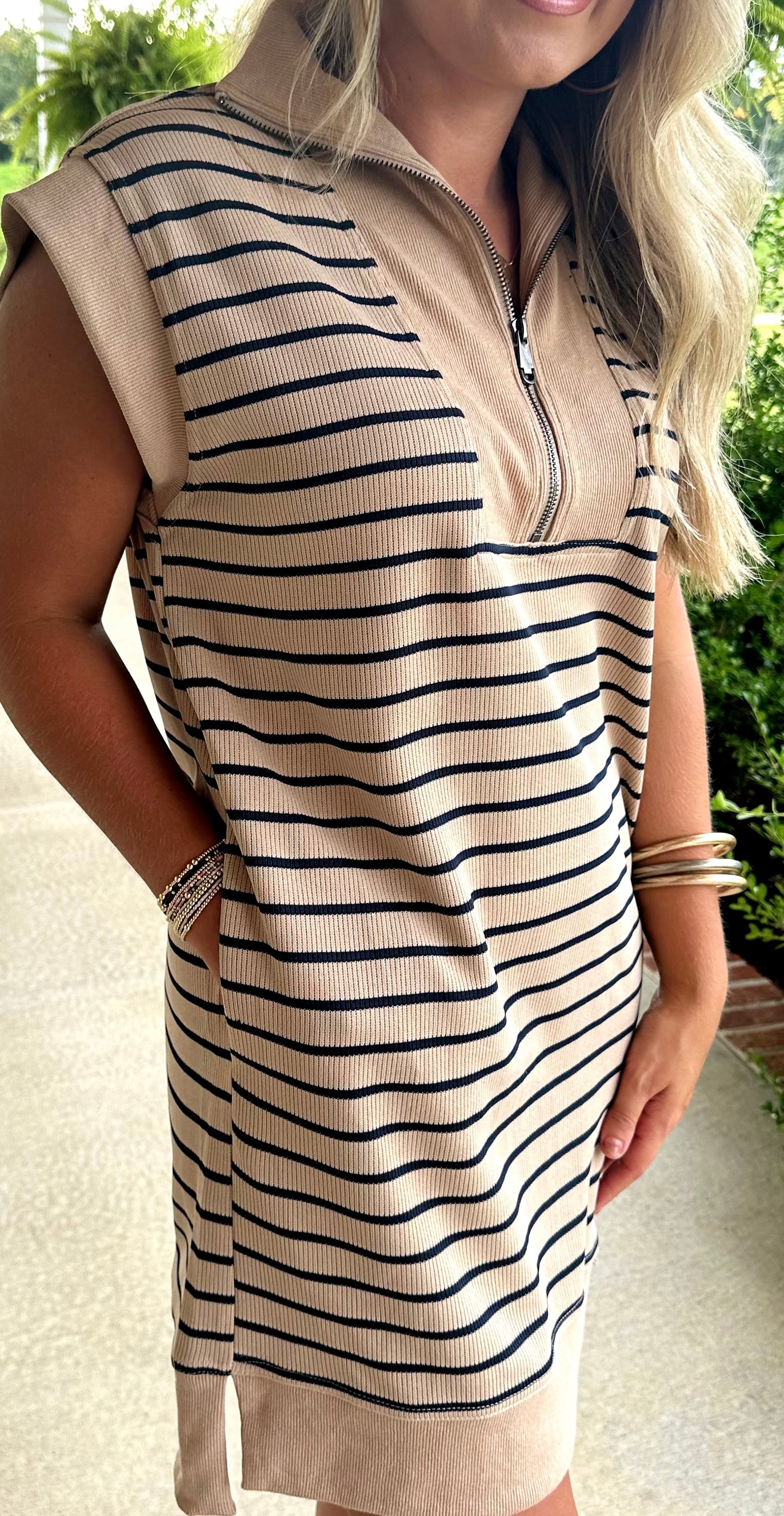 Taupe/Navy Half Zip Sleeveless Dress