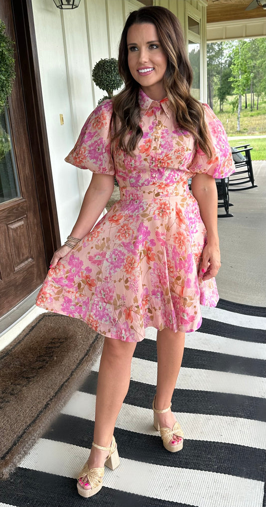 Peachy Floral Bubble Sleeve Dress