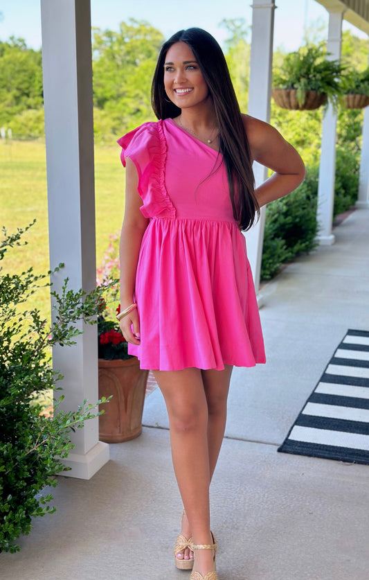 Pink One Shoulder Ruffle Dress