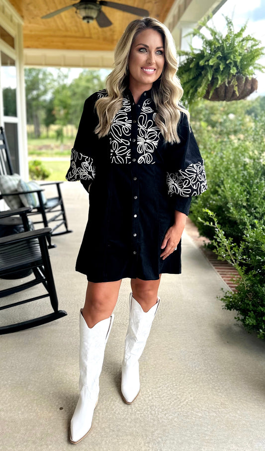 Black Button Down Flower Dress