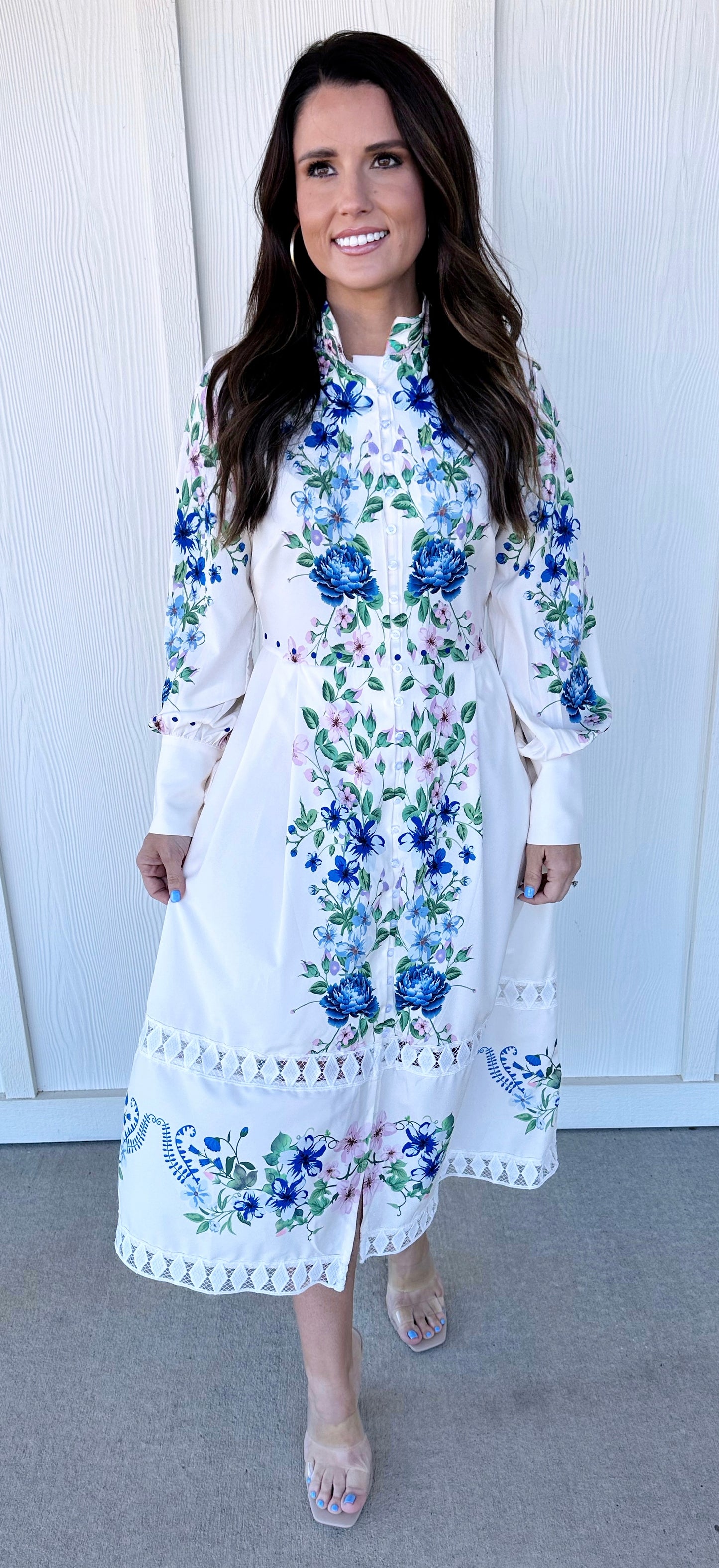 Blue Floral Print Long Sleeve Front Button Dress