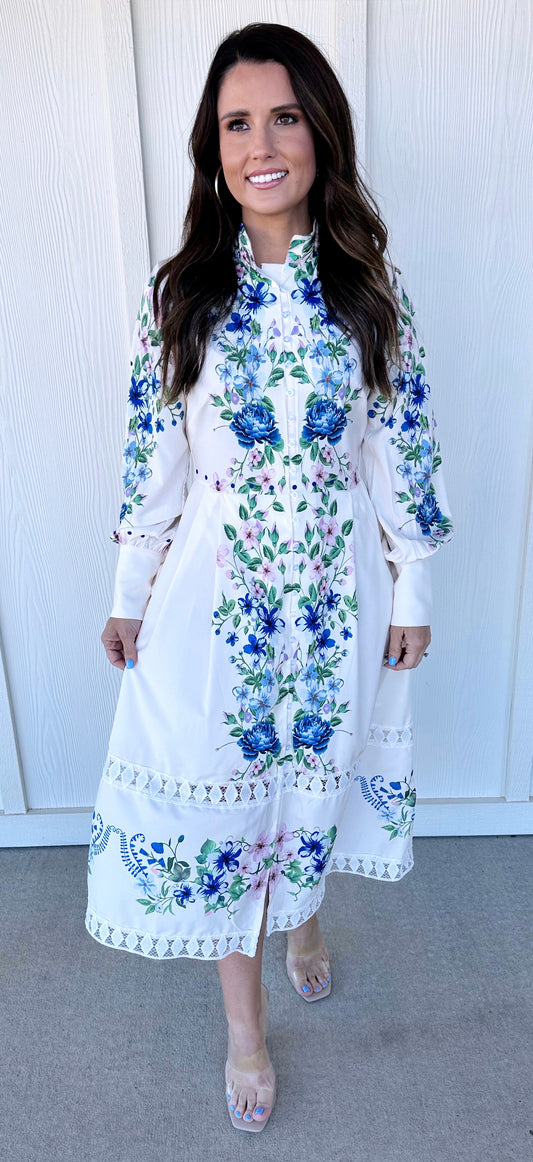 Blue Floral Print Long Sleeve Front Button Dress