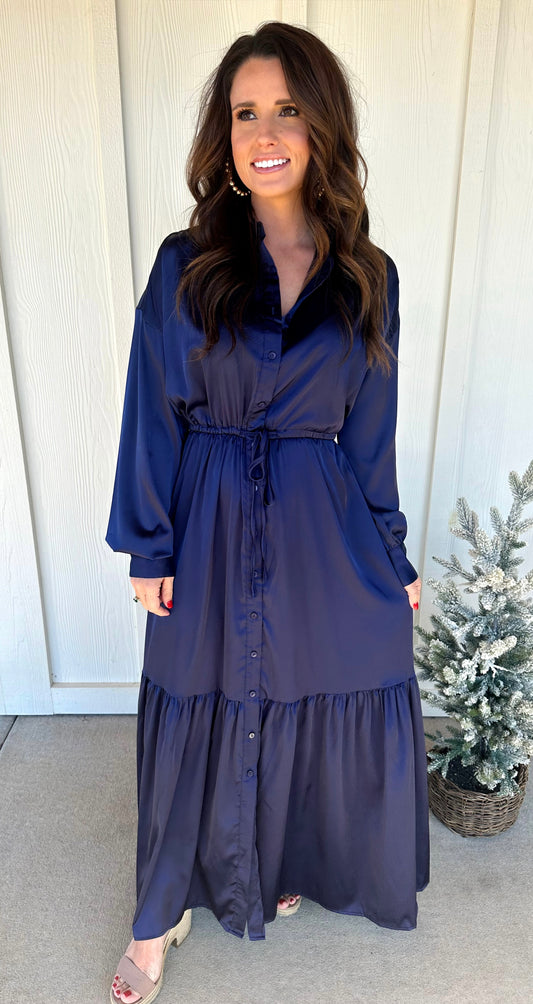 Navy Collared Satin Maxi Dress