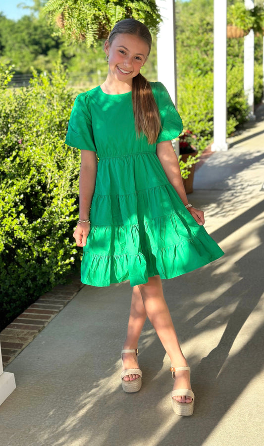 Green Bow Back Puff Sleeve Poplin Dress