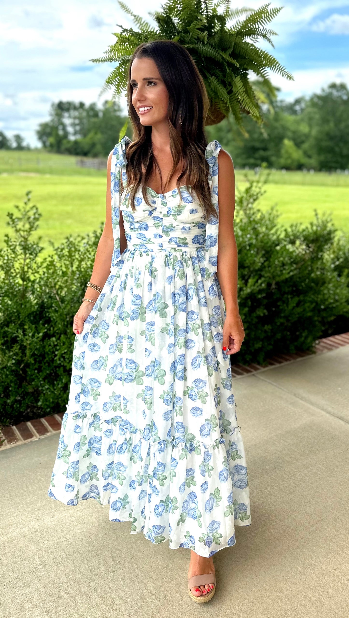 Blue Ruched Tiered Midi