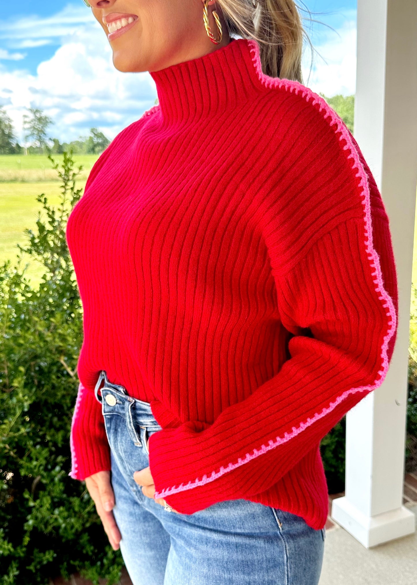 Red Sweater Pink Stitching