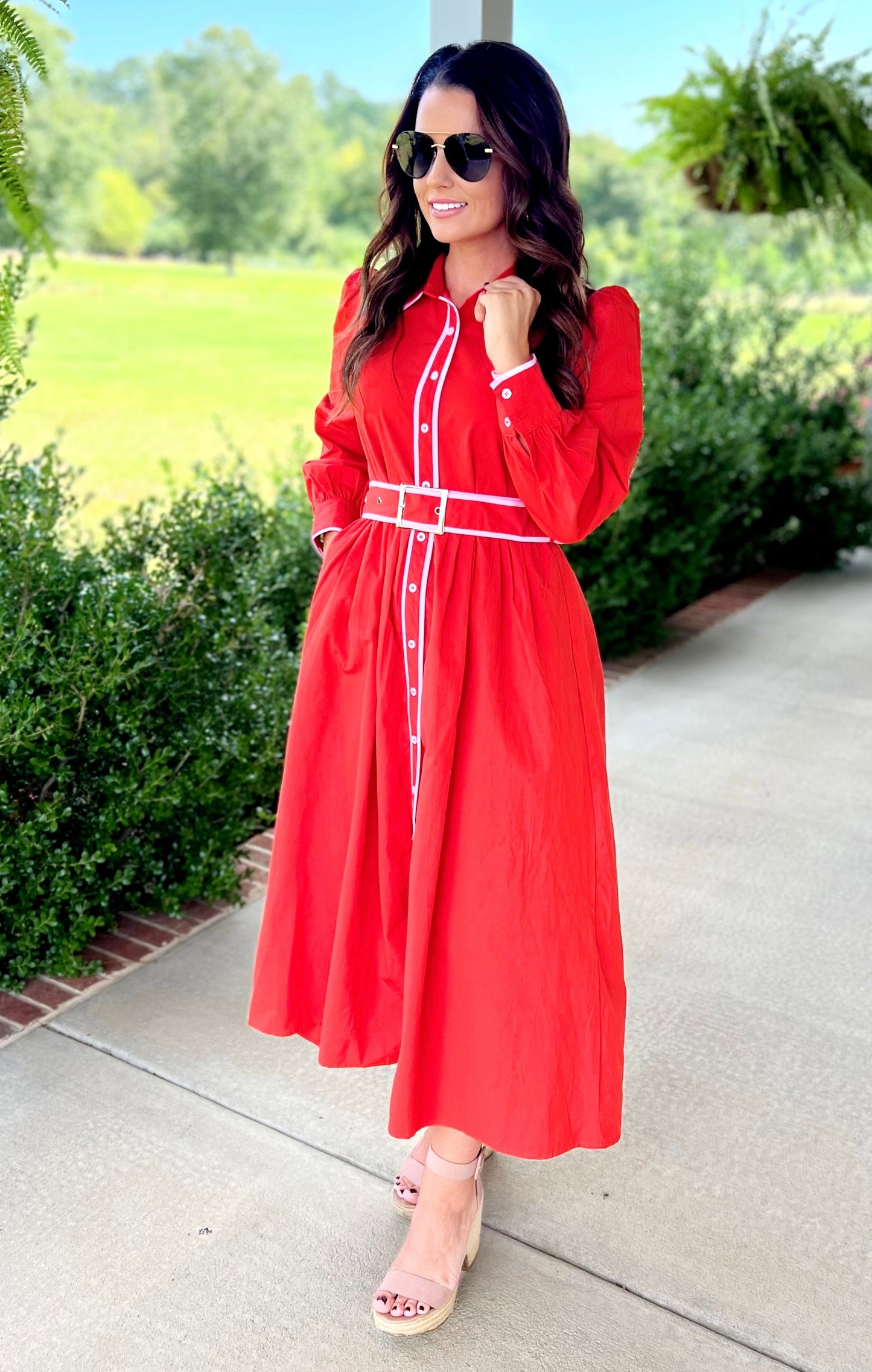 Red Trim Belted Dress