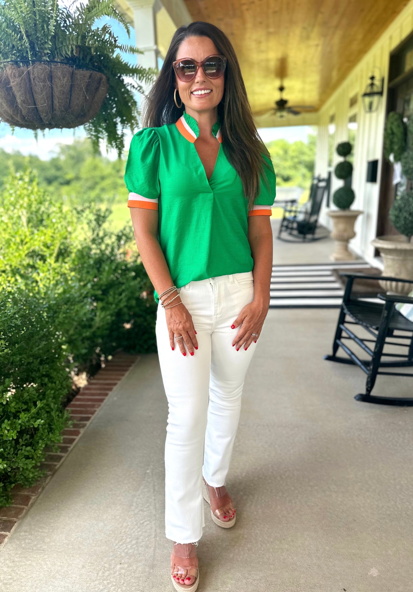 Green Colorful Trim Blouse