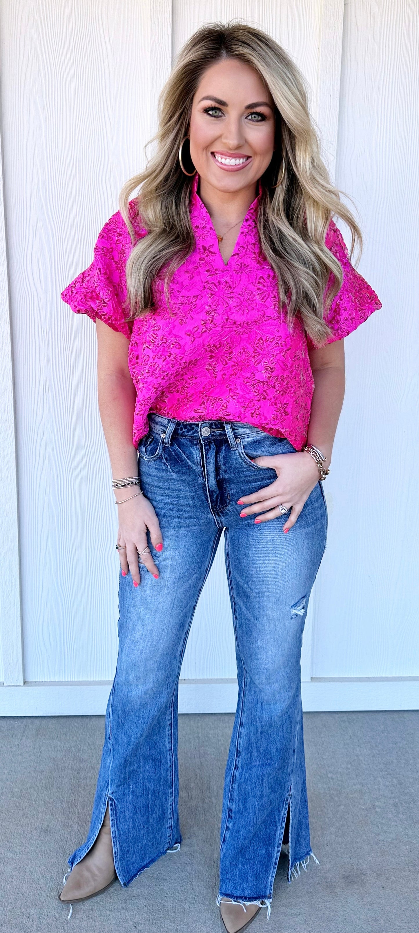 Fushia Puff Sleeve Textured Top