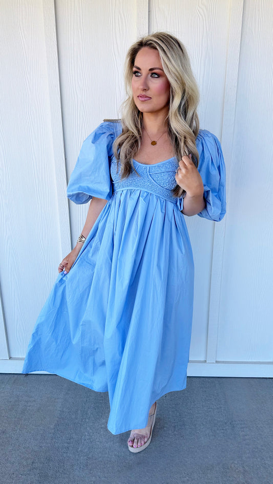 Blue Cotton-Poplin Smocked Midi Dress