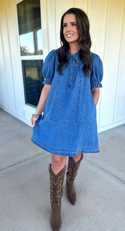 Denim Short Puff Sleeve Dress