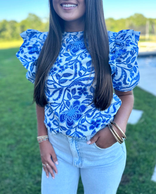 Blue Floral Bubble Sleeve Top