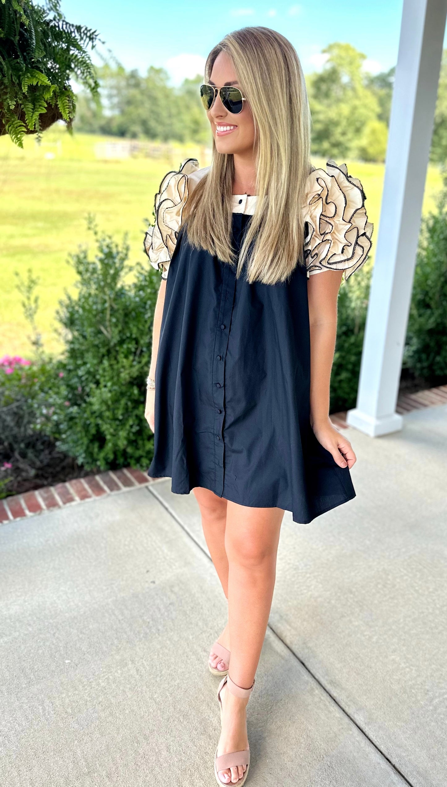 Cream/ Black Ruffle Shoulder Detail Dress