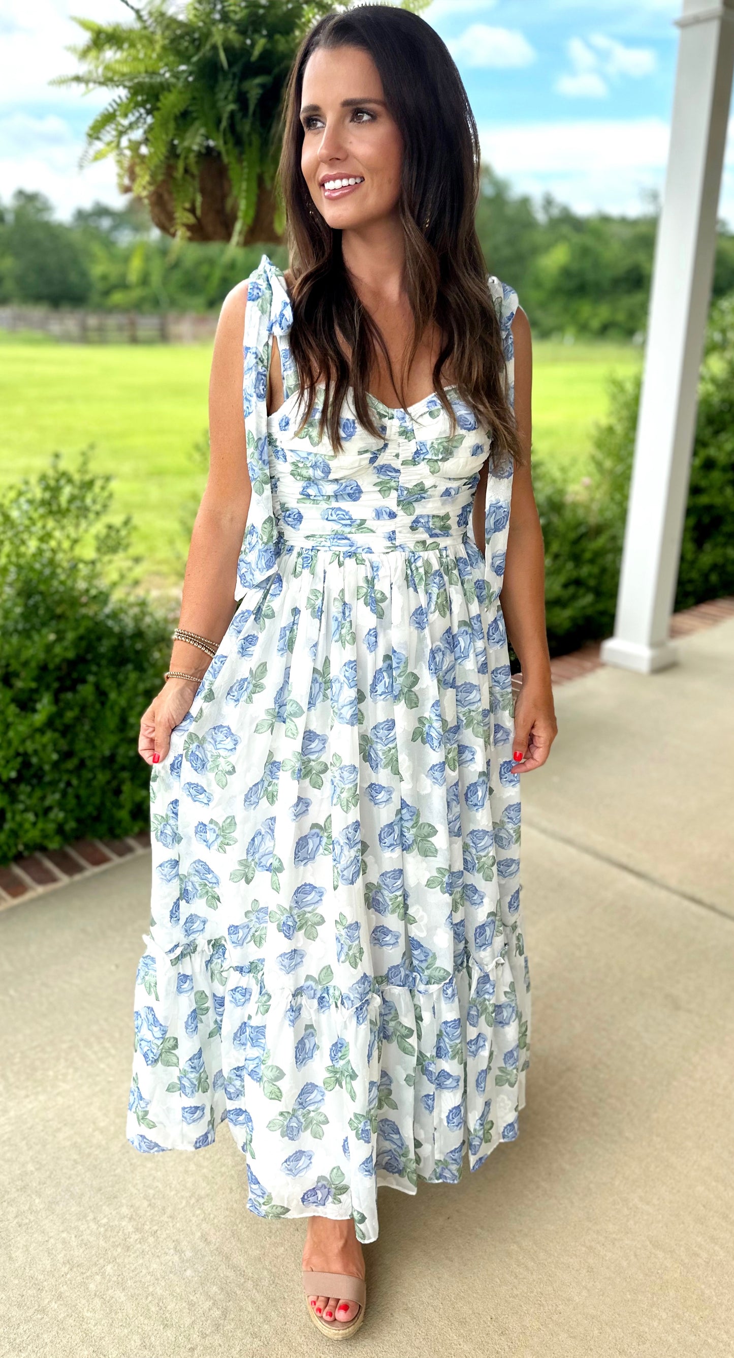 Blue Ruched Tiered Midi