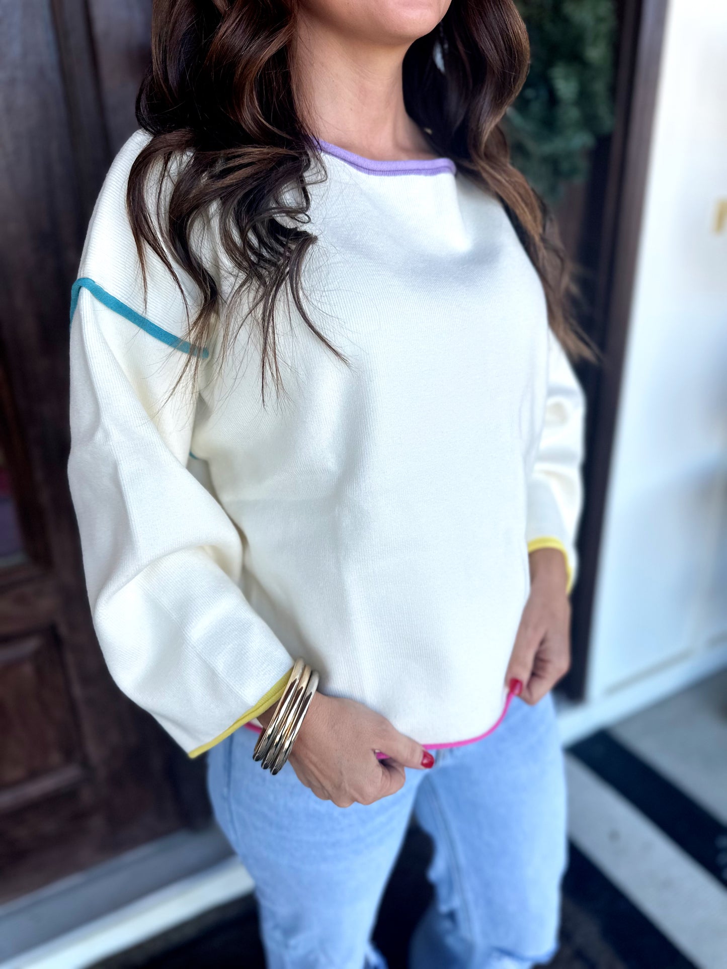 Cream Colorful Contrast Piping Sweater