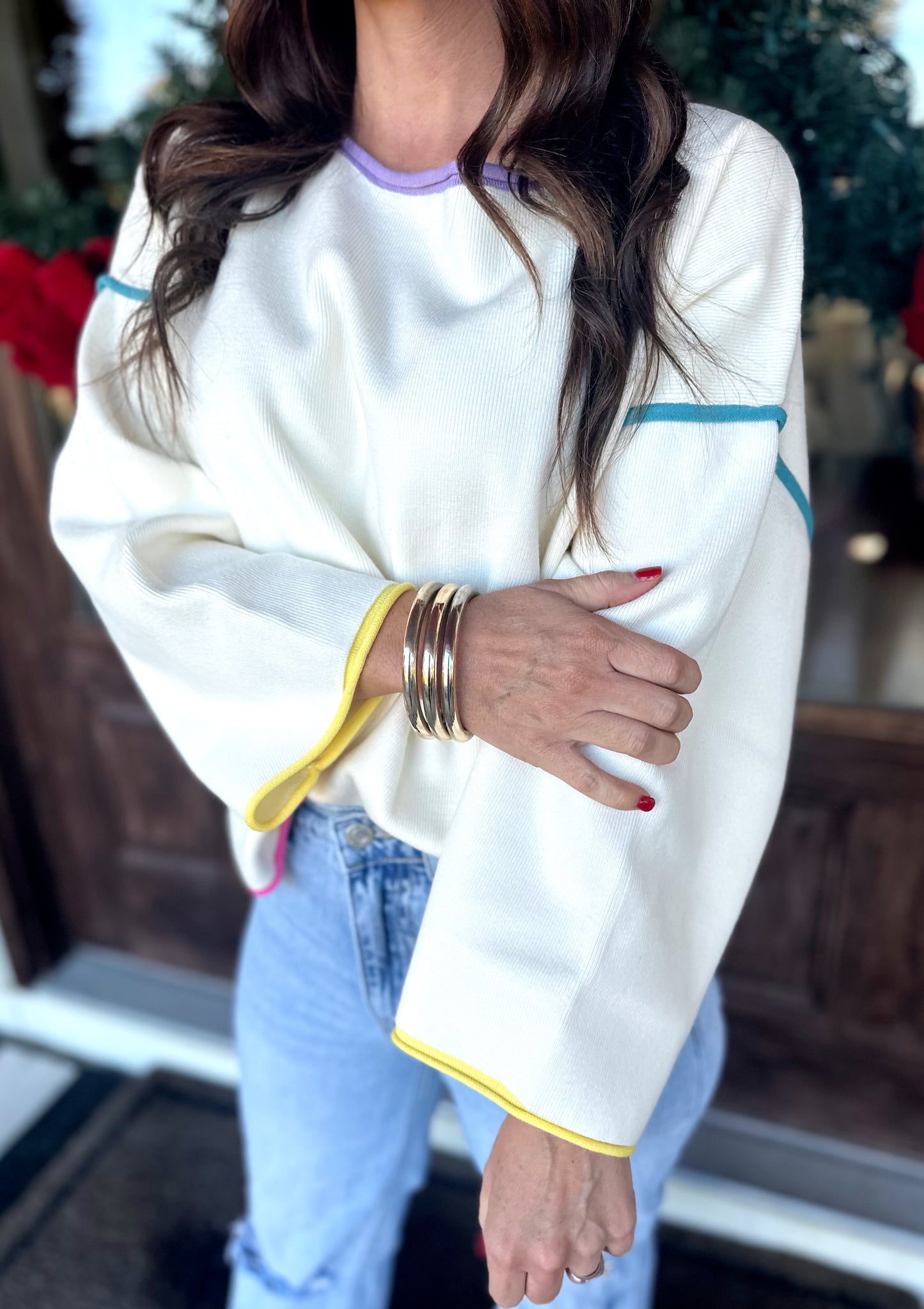 Cream Colorful Contrast Piping Sweater