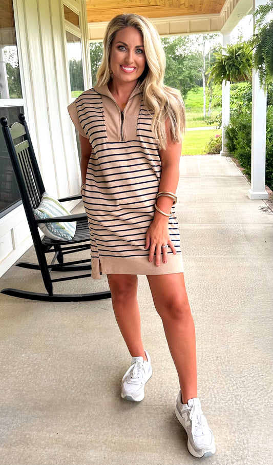 Taupe/Navy Half Zip Sleeveless Dress