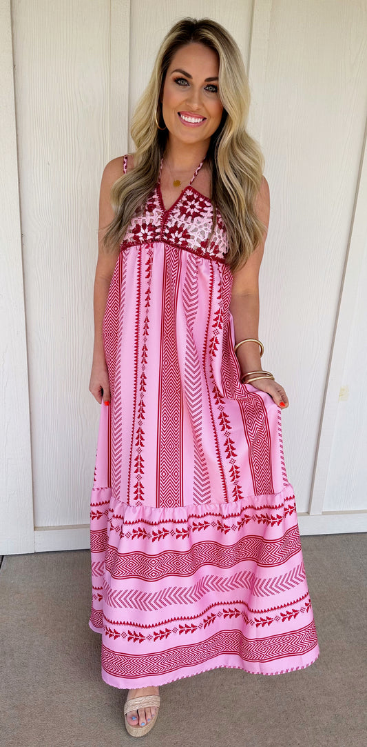 Tribal Print Crochet Maxi Dress