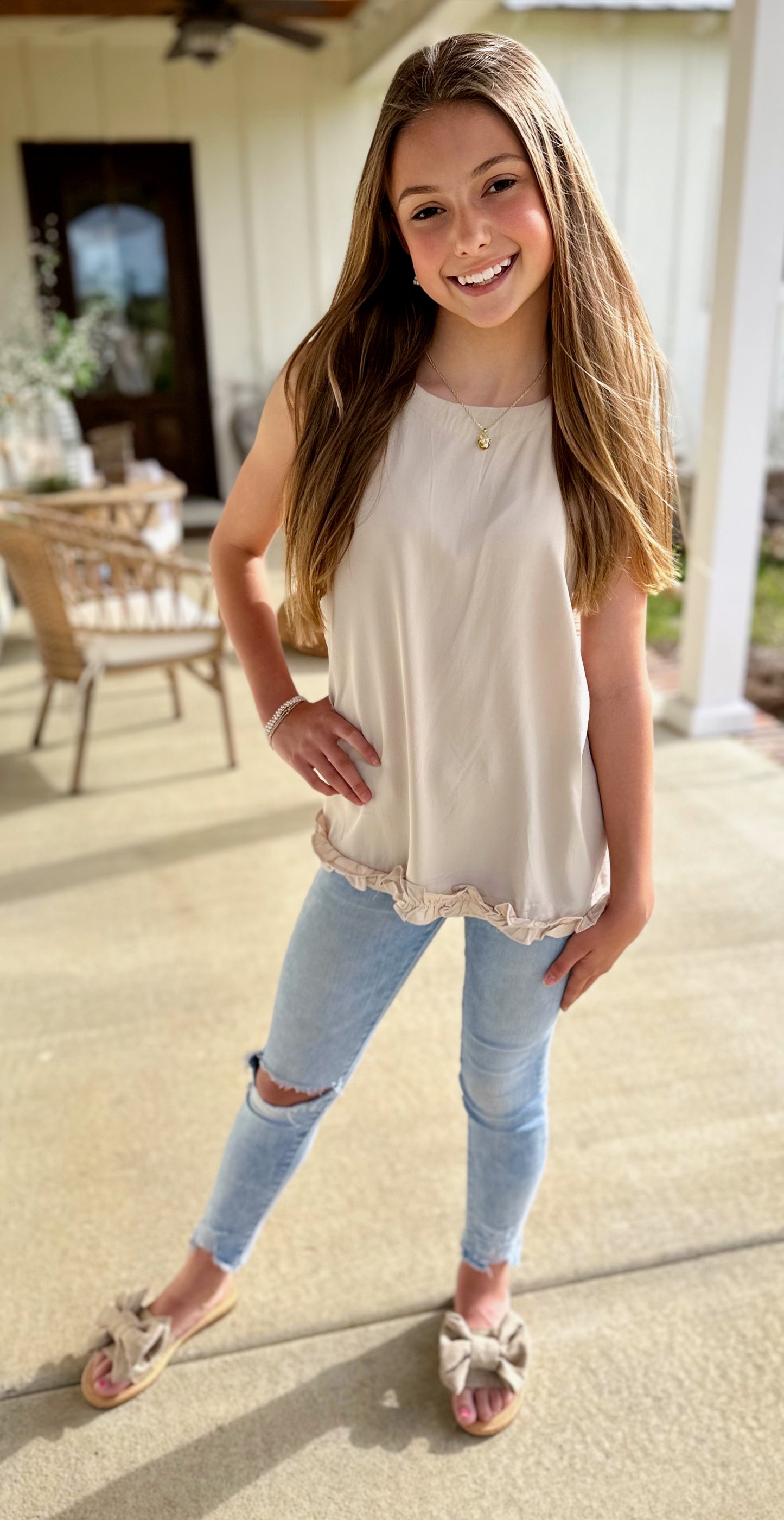 Beige Ruffle Detail Tank