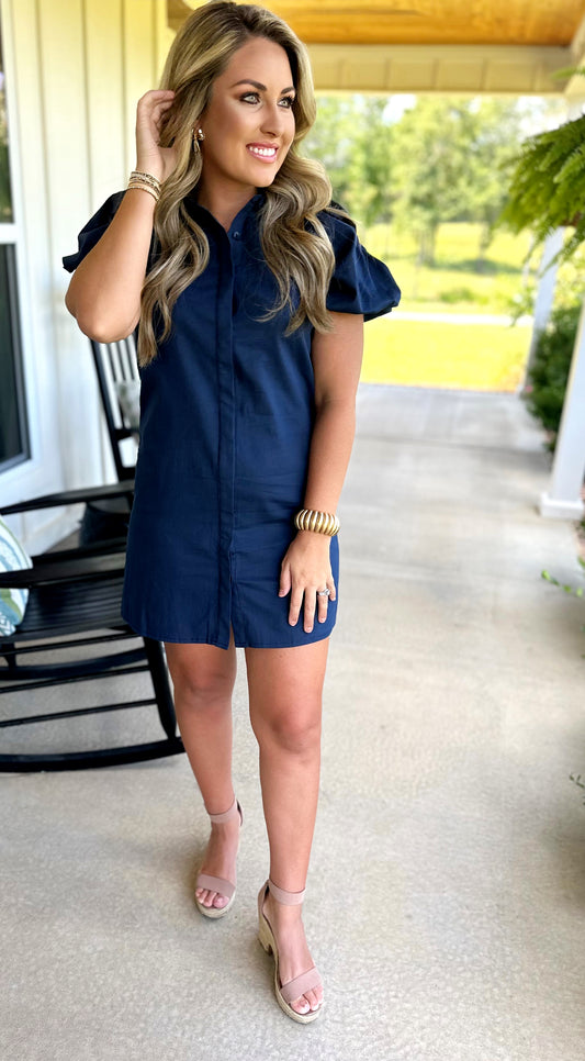 Navy Puff Sleeve Dress