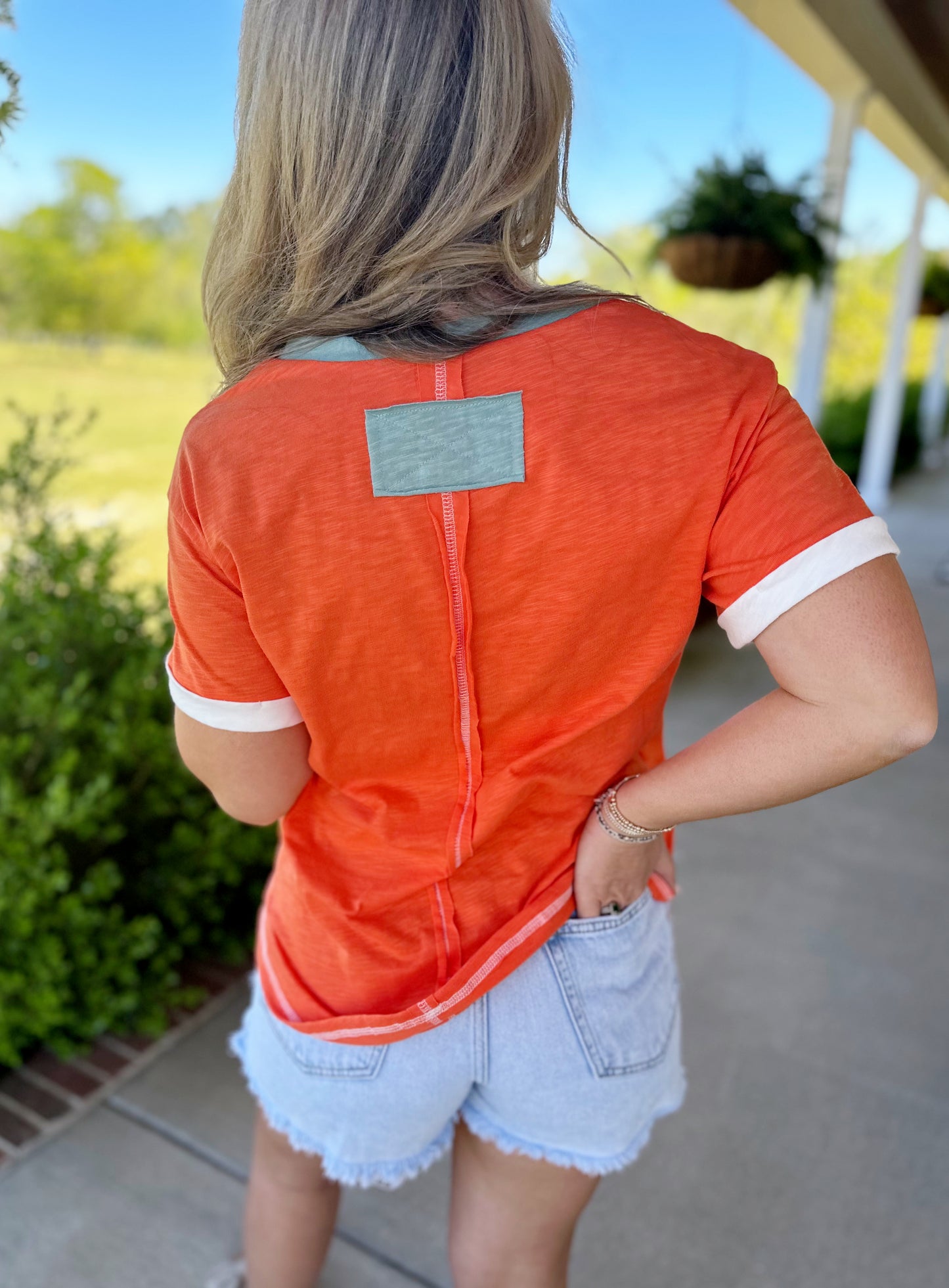 Orange Contrast Trim V-Neck