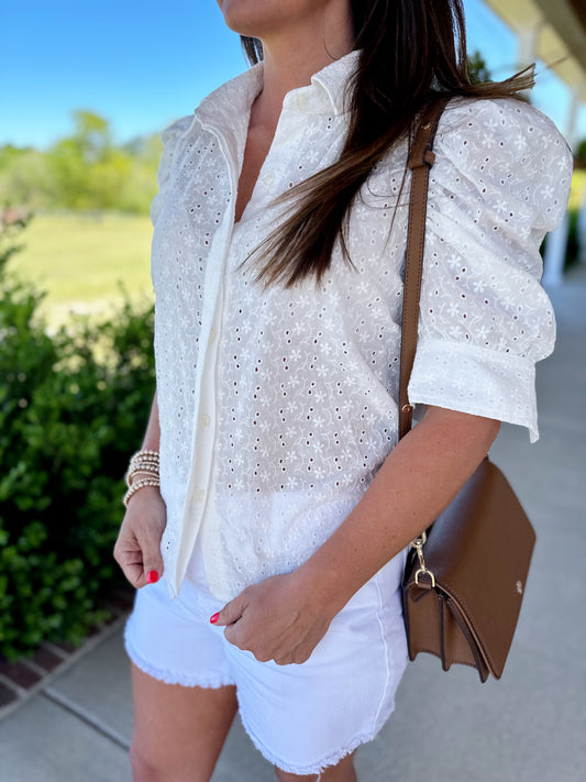 White Eyelet Front Button Top