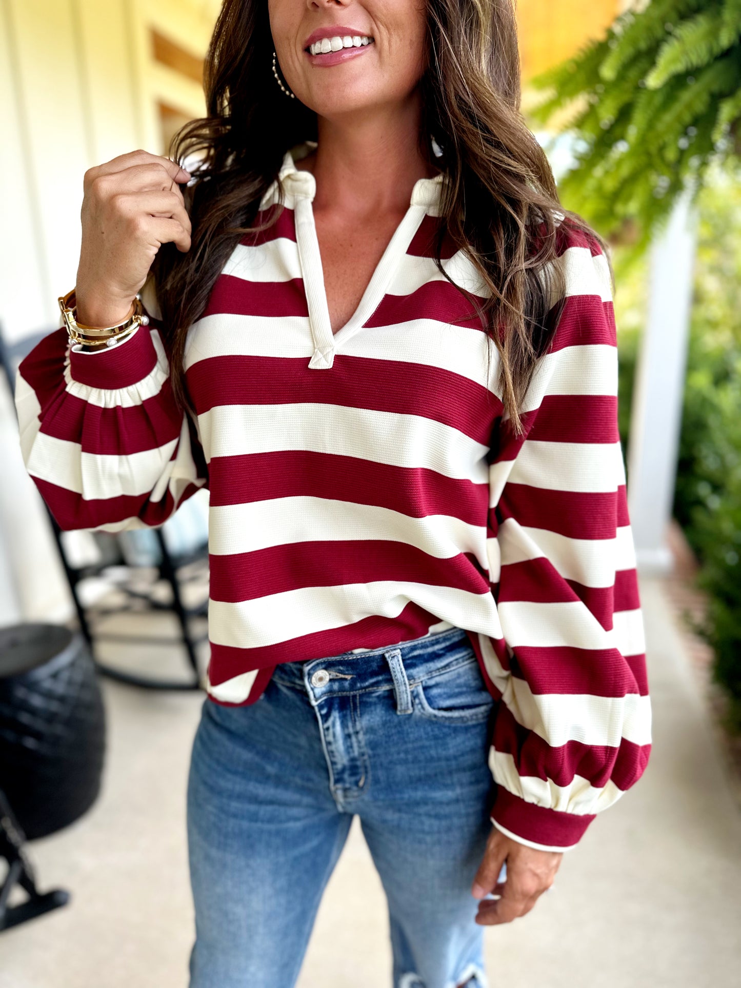 Burgundy/Black Striped Collar Top