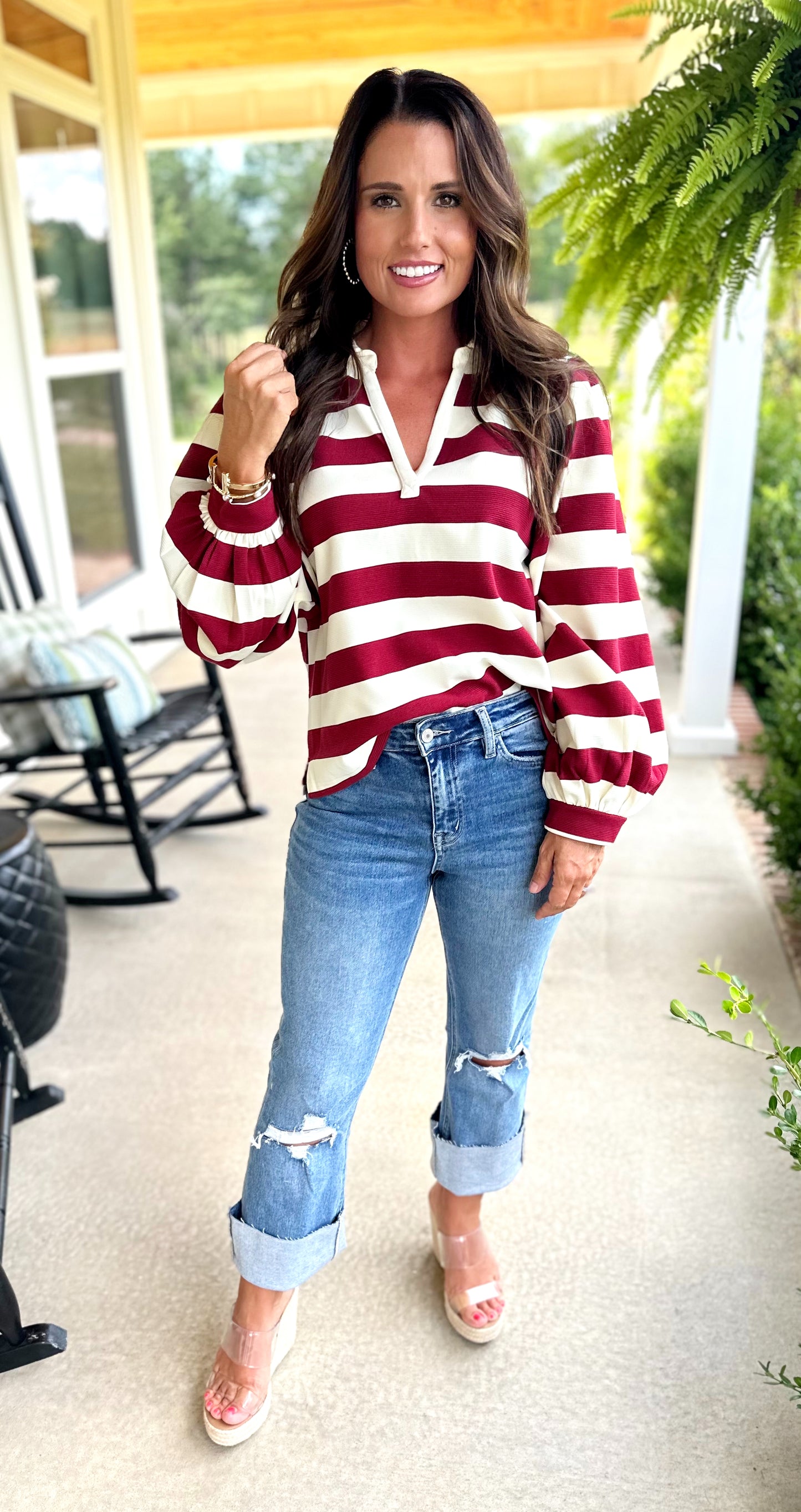 Burgundy/Black Striped Collar Top