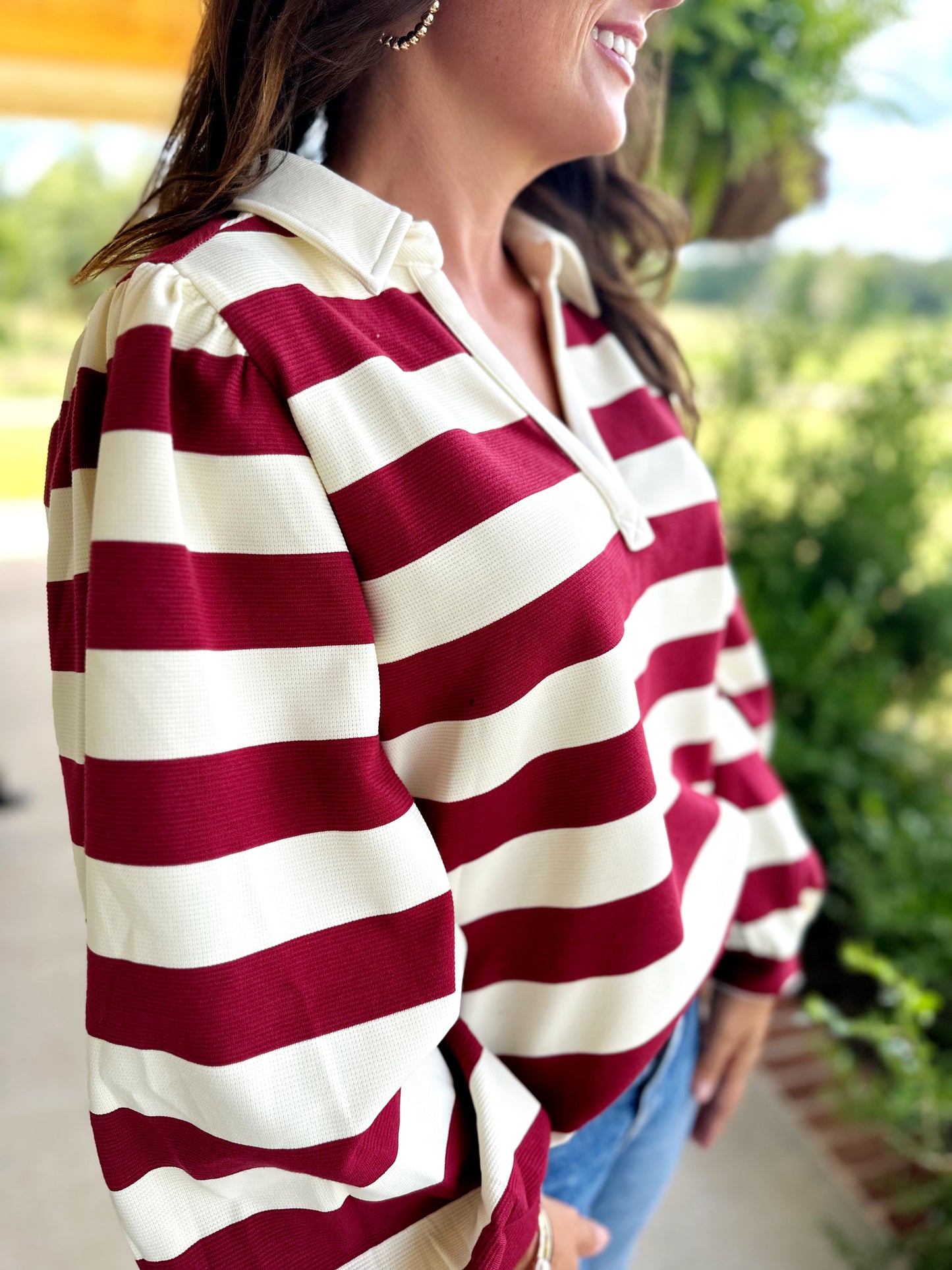 Burgundy/Black Striped Collar Top