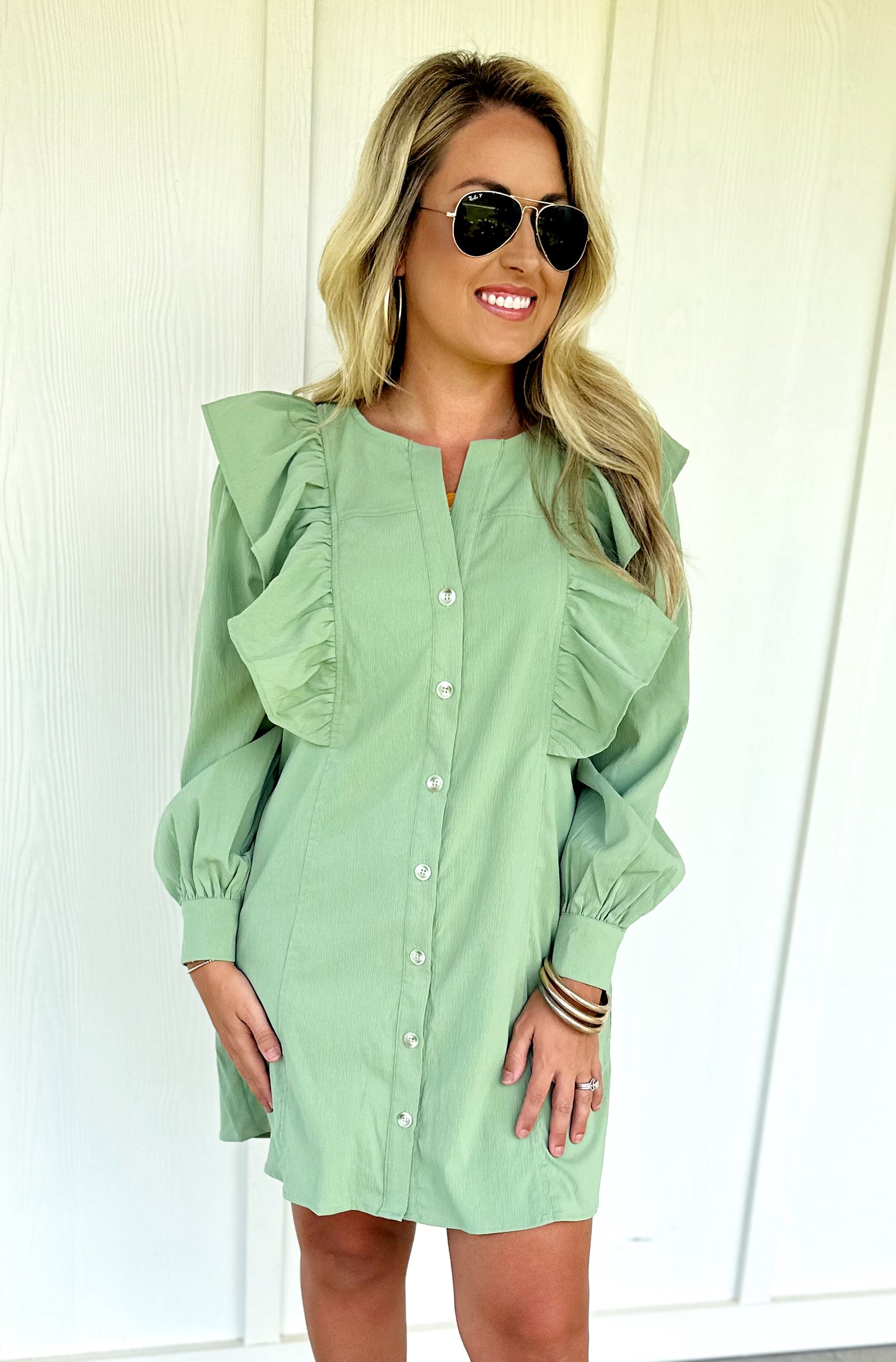 Sage Ruffle Button Dress