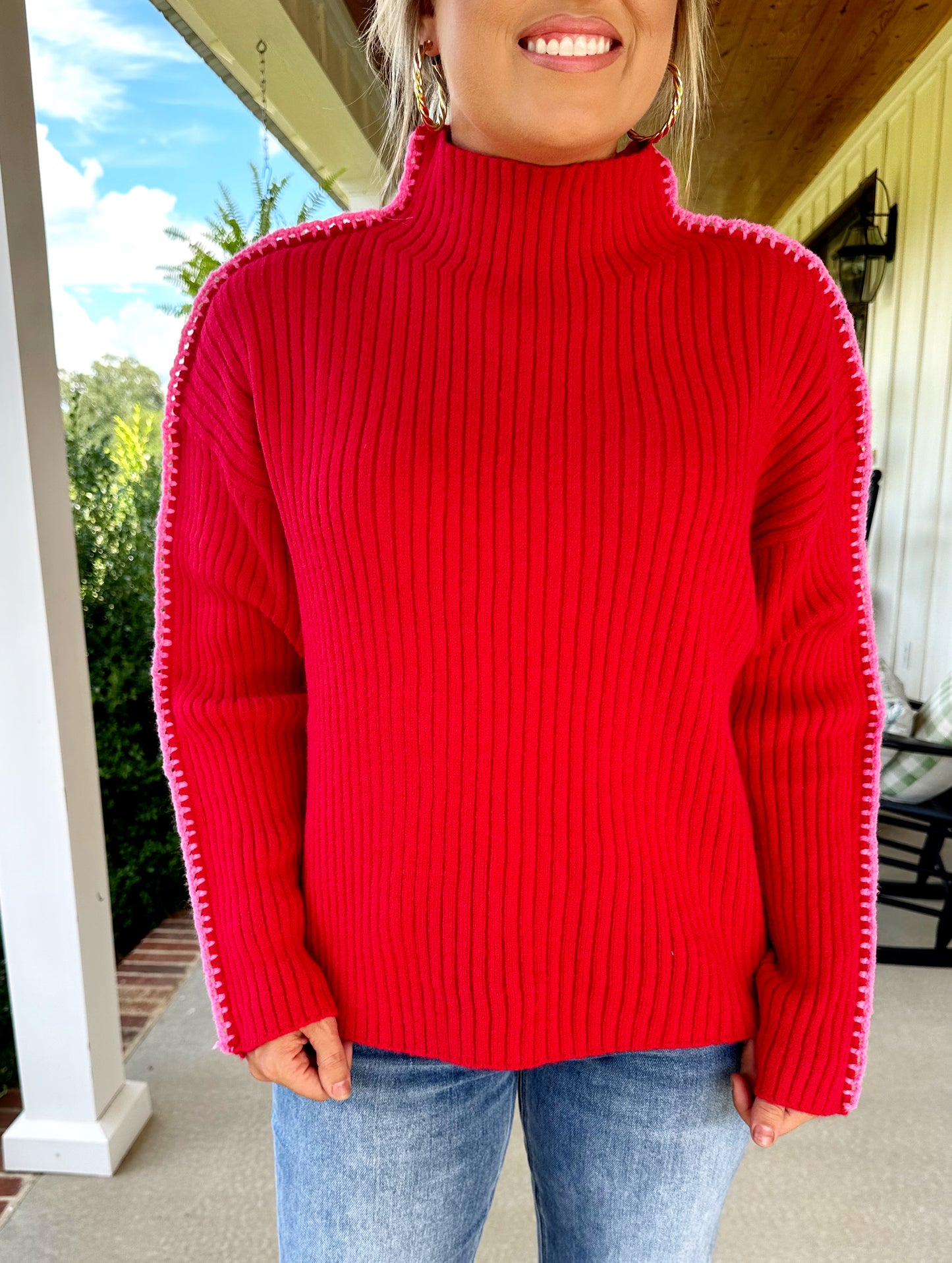 Red Sweater Pink Stitching