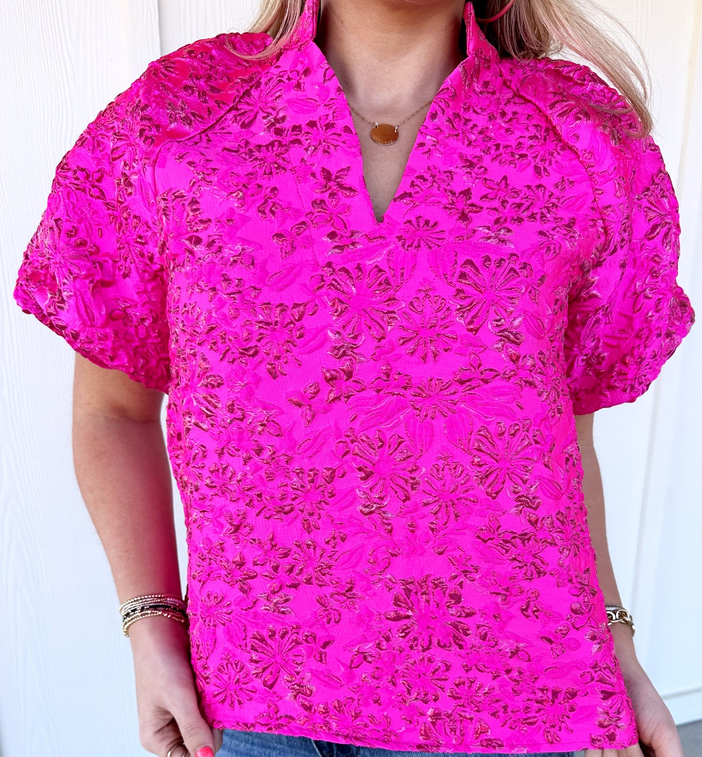 Fushia Puff Sleeve Textured Top