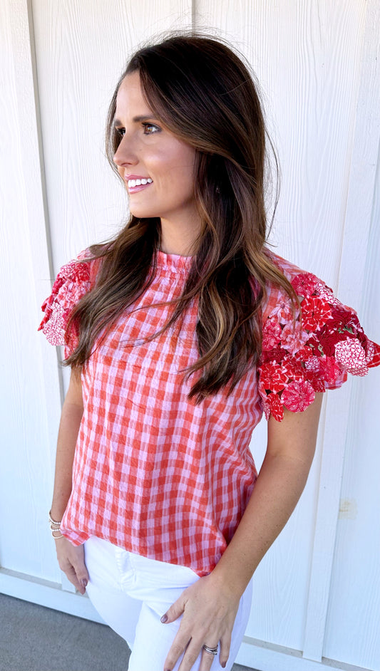 Textured Sleeve Gingham Top