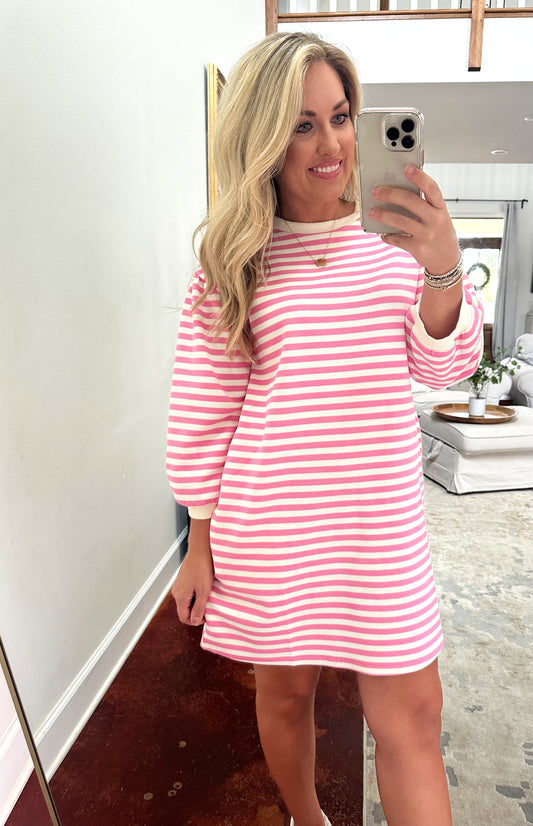 Pink Striped Long Sleeve Dress