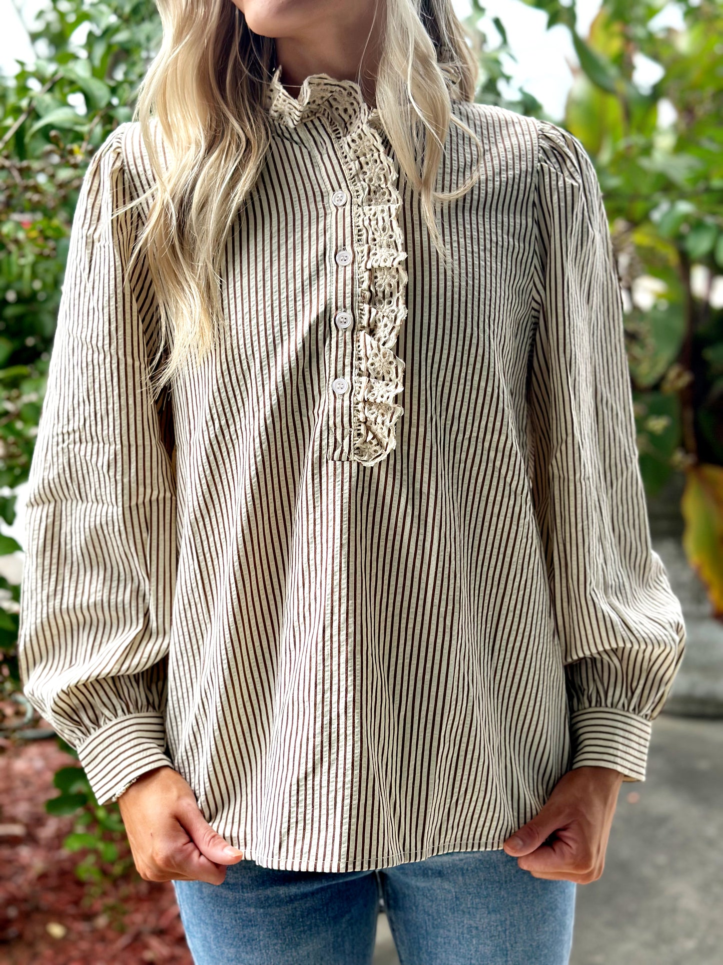 Brown Stripe Eyelet Detail Top