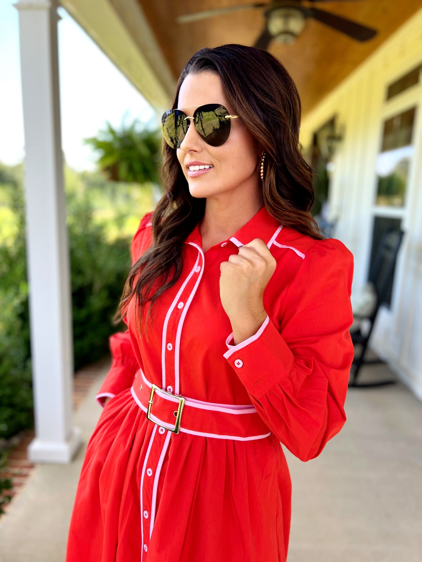 Red Trim Belted Dress