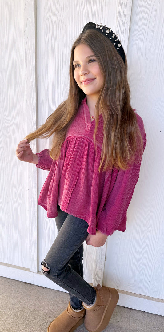 Magenta Washed Raw Edge Puff Sleeve Peplum Top